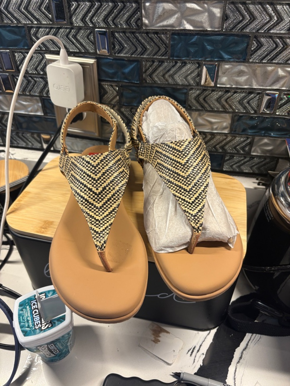 gentle souls Tan and Black Woven T-Strap Sandals